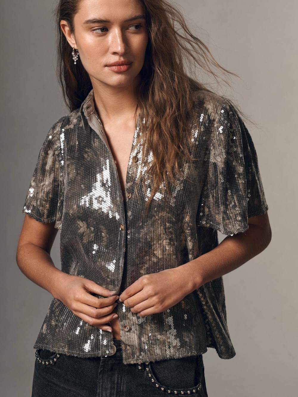 NWT Anthropologie Pilcro Short-Sleeve Sequin Buttondown Blouse XSMALL